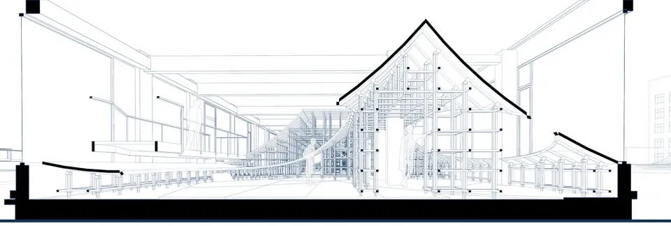 Cross-sectional architectural drawing showcasing an interior space.