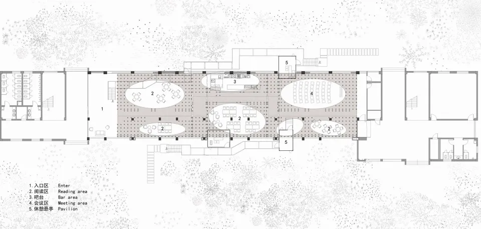 一張詳細的辦公空間建築藍圖,展示會議區、休息區等功能分區