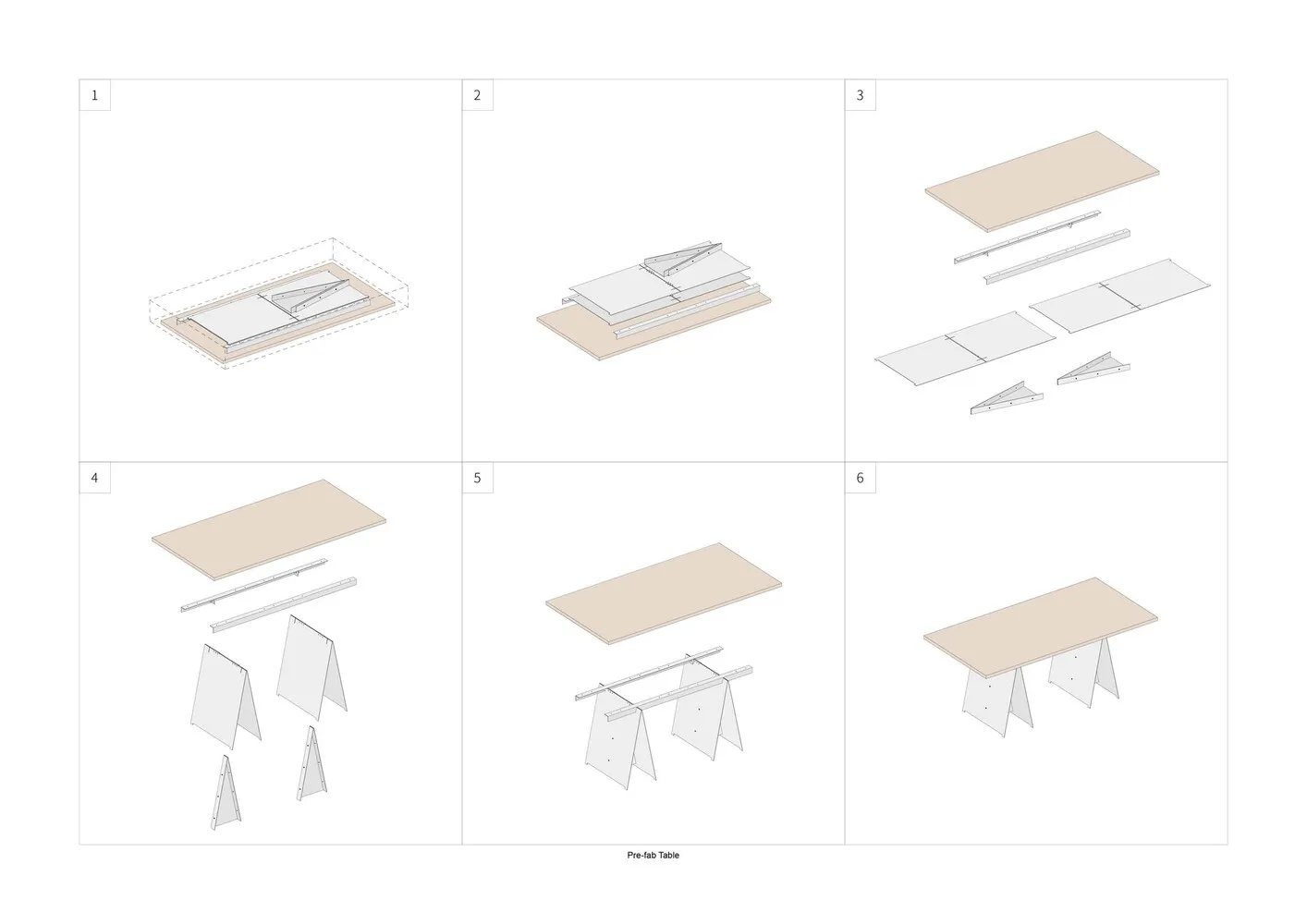 Assembly instructions for a prefabricated table, showing various components and steps.