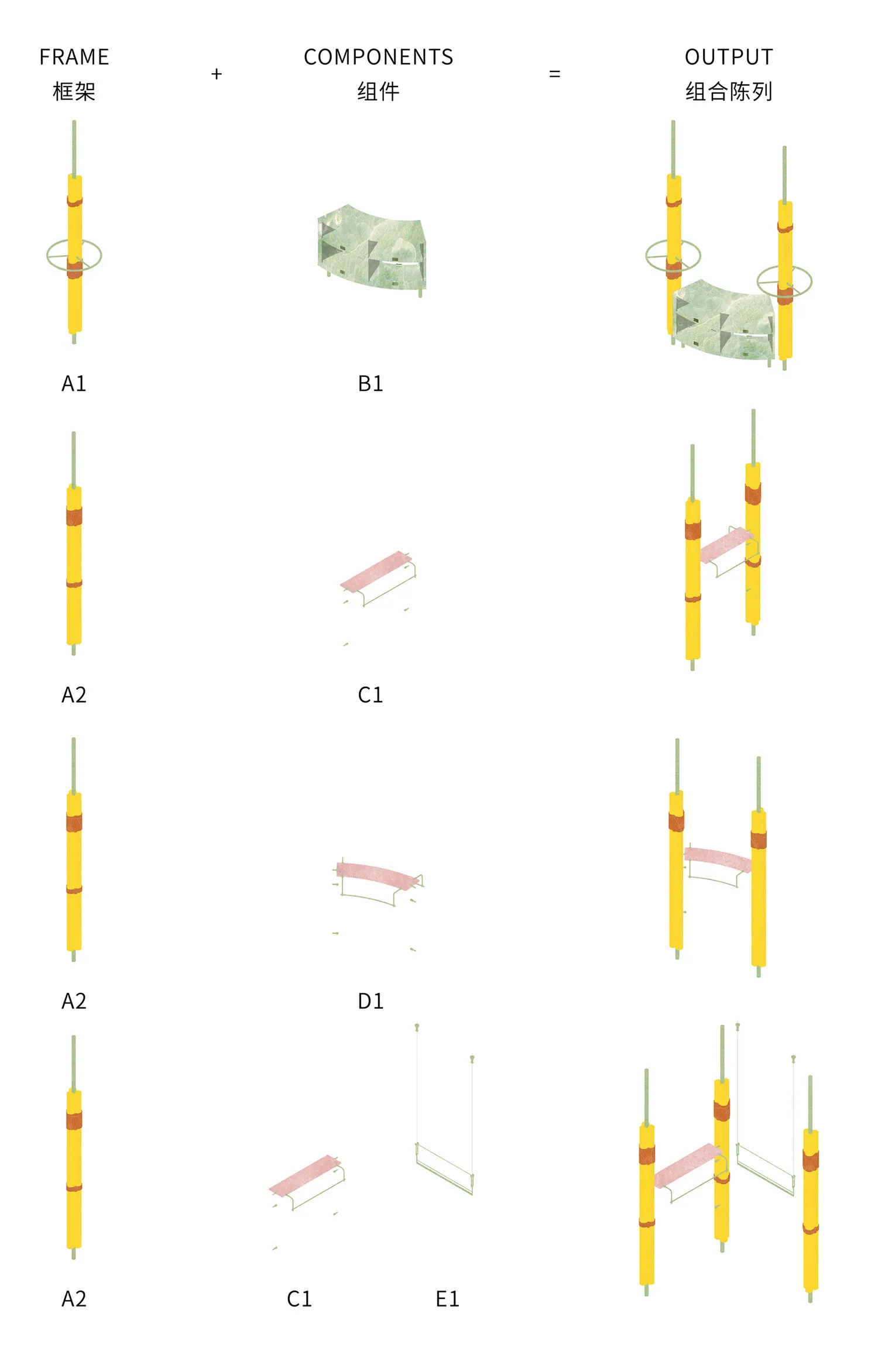 Composite material components and a green framework rendered together, showcasing the integration of materials in architectur
