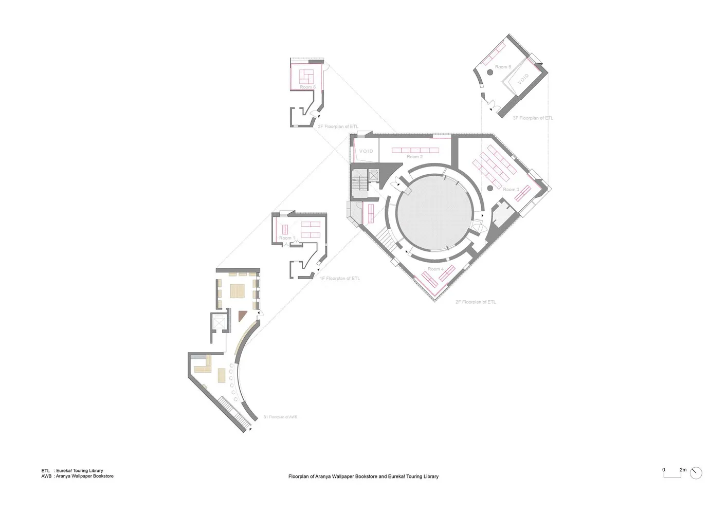 Floor plan of a modern library with a concrete design.