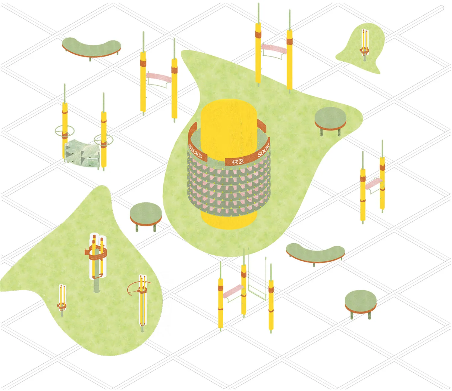 A modern playground with green and yellow equipment