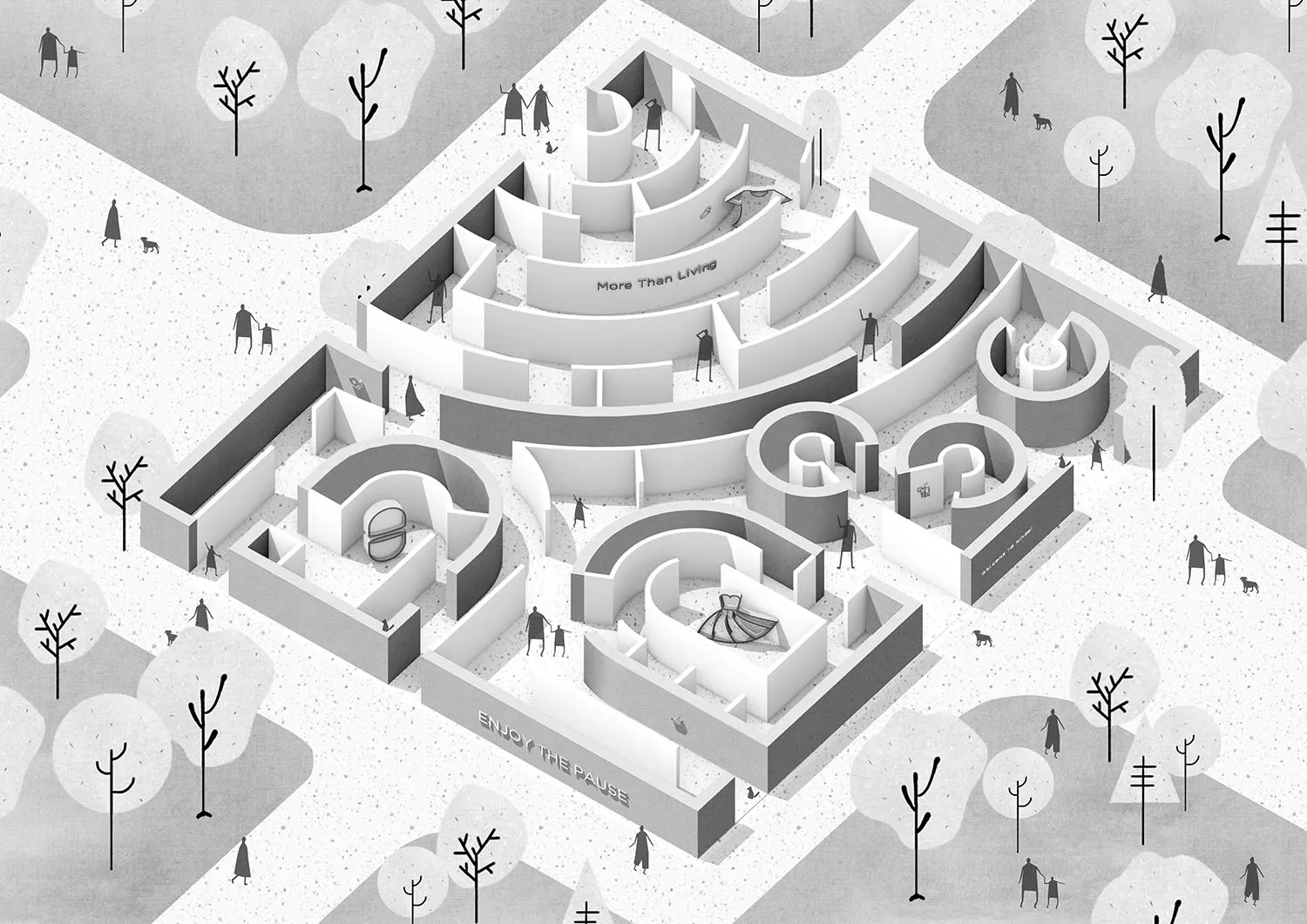 A minimalist architectural plan with rounded corners and clean lines.