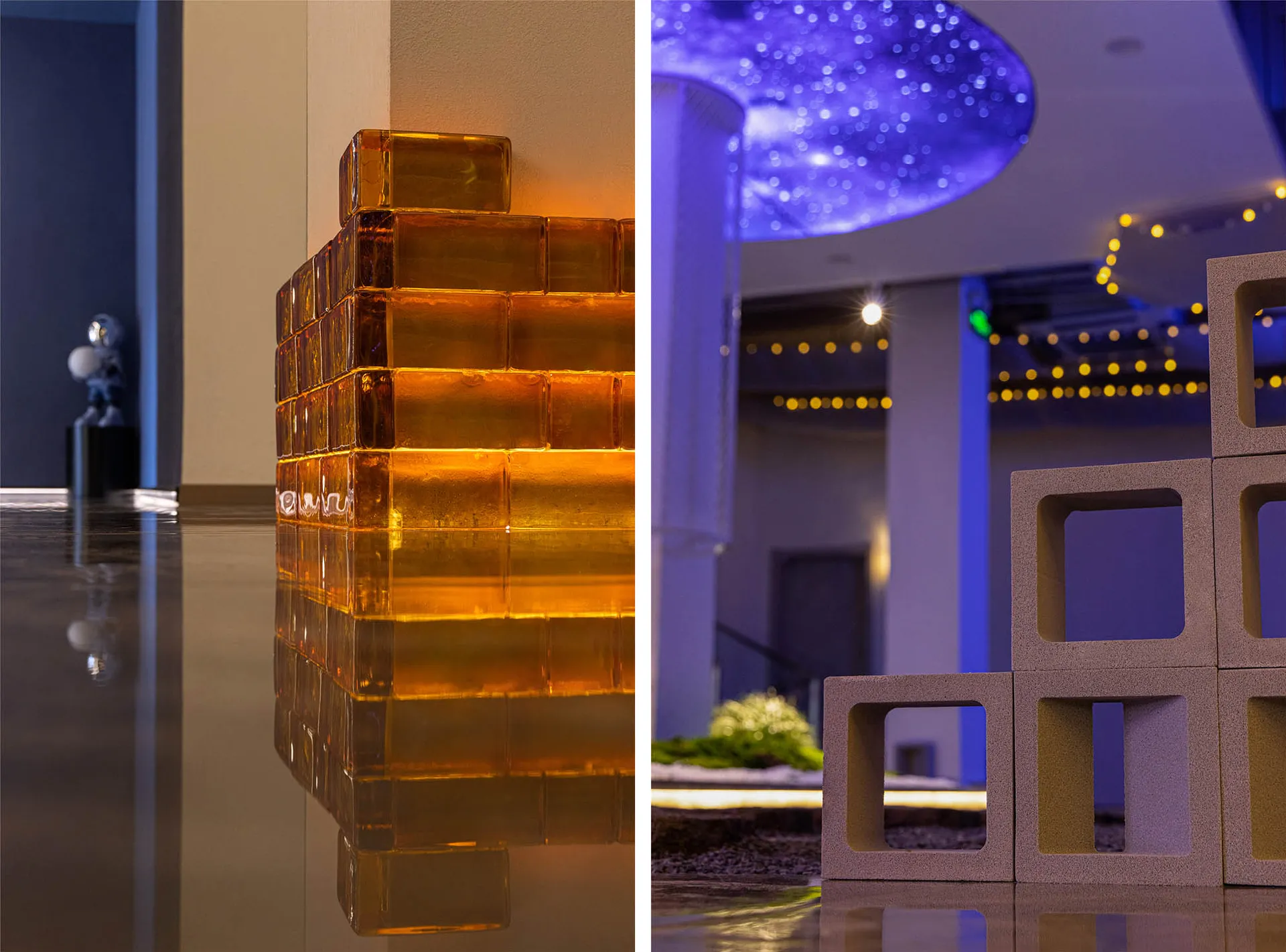 A modern interior design featuring glass blocks and lighting.