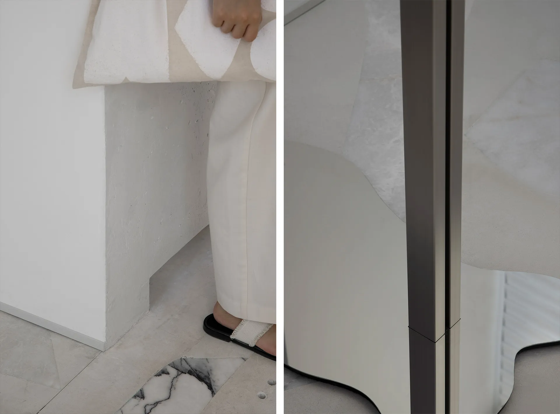 A minimalist interior design featuring a glass panel, representing modern and sleek aesthetics.