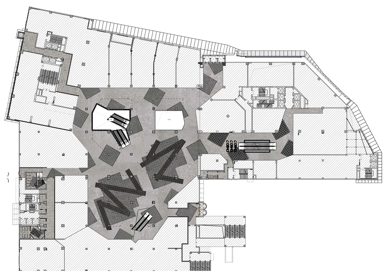A black and white architectural drawing of a modern office space featuring exposed concrete floors.