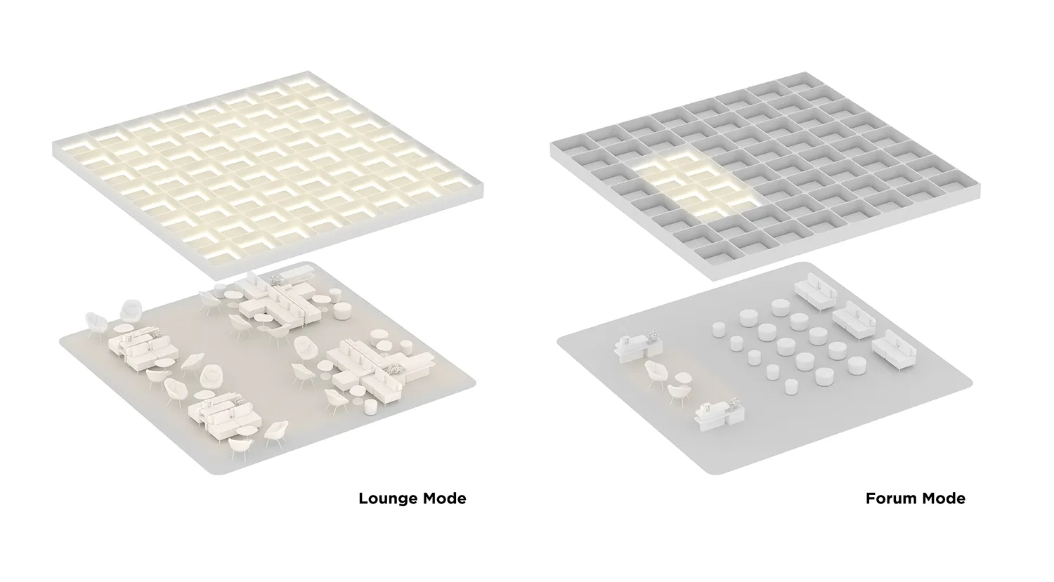 Modular space planning system featuring compact panels in a white plastic material, designed for flexible use in various type