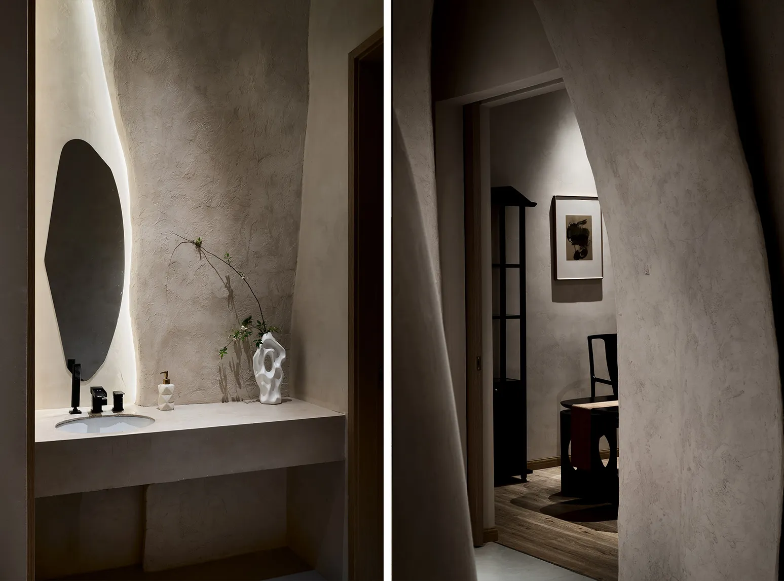 A modern bathroom with a concrete sink and mirror, featuring minimalist design elements and a sleek, contemporary aesthetic.