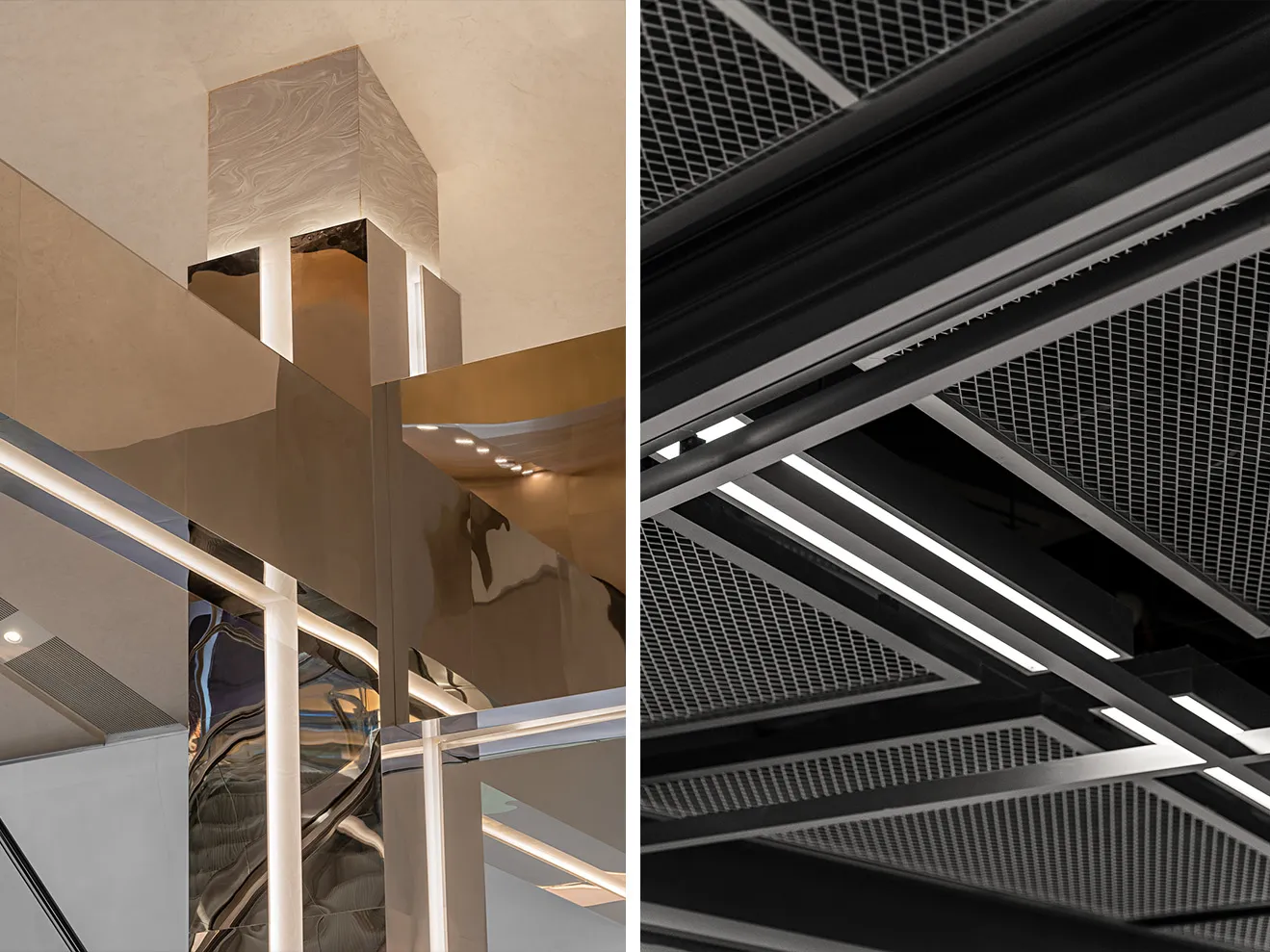 Modern interior design featuring metallic and glass elements