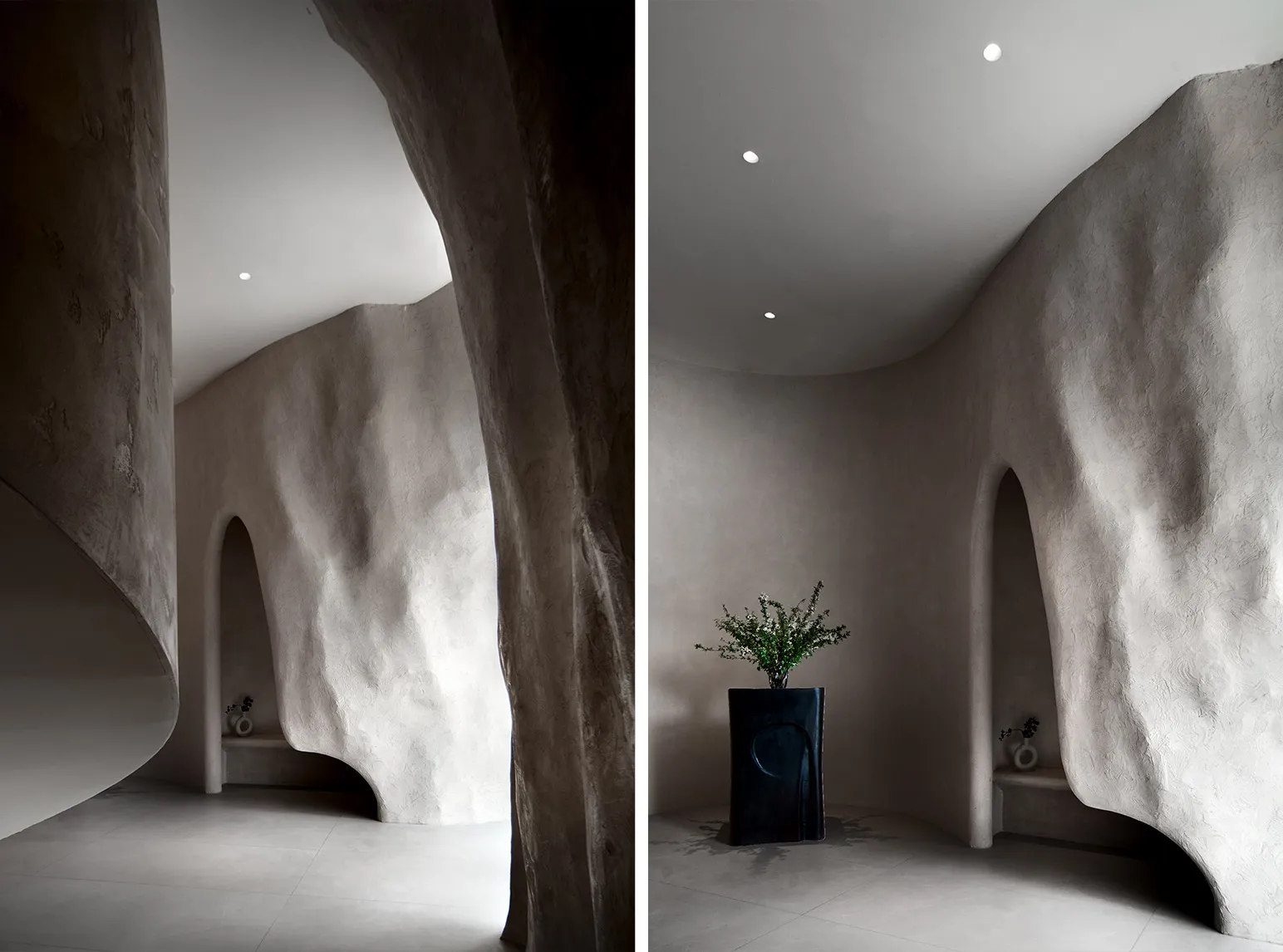 Modern interior design featuring mixed medium materials and abstract shapes for contemporary aesthetic