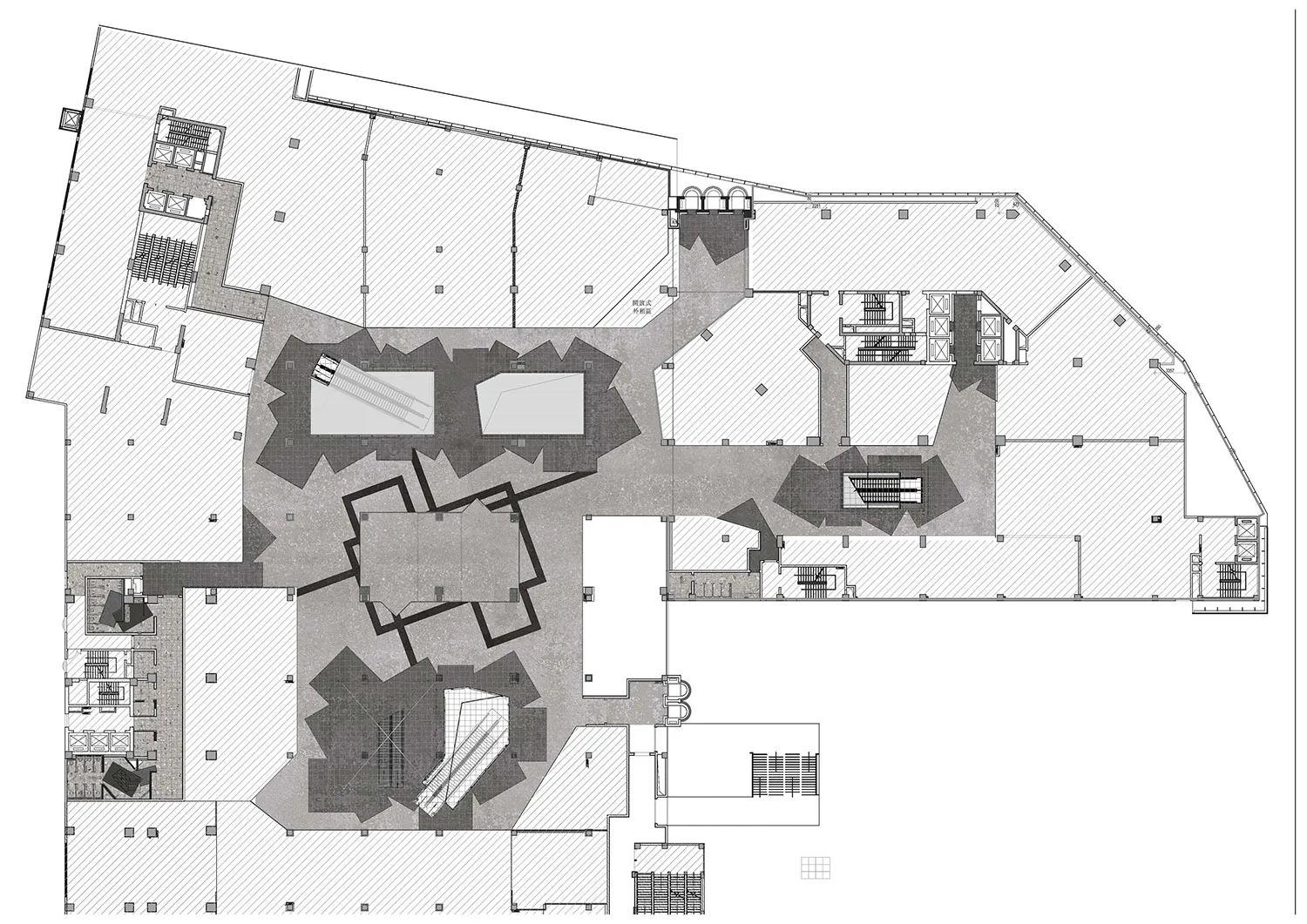 A detailed 2D architectural plan depicting the layout of a modern office space.
