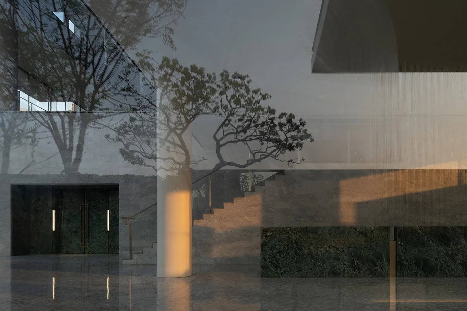 Modern lobby interior featuring concrete walls and marble floor.