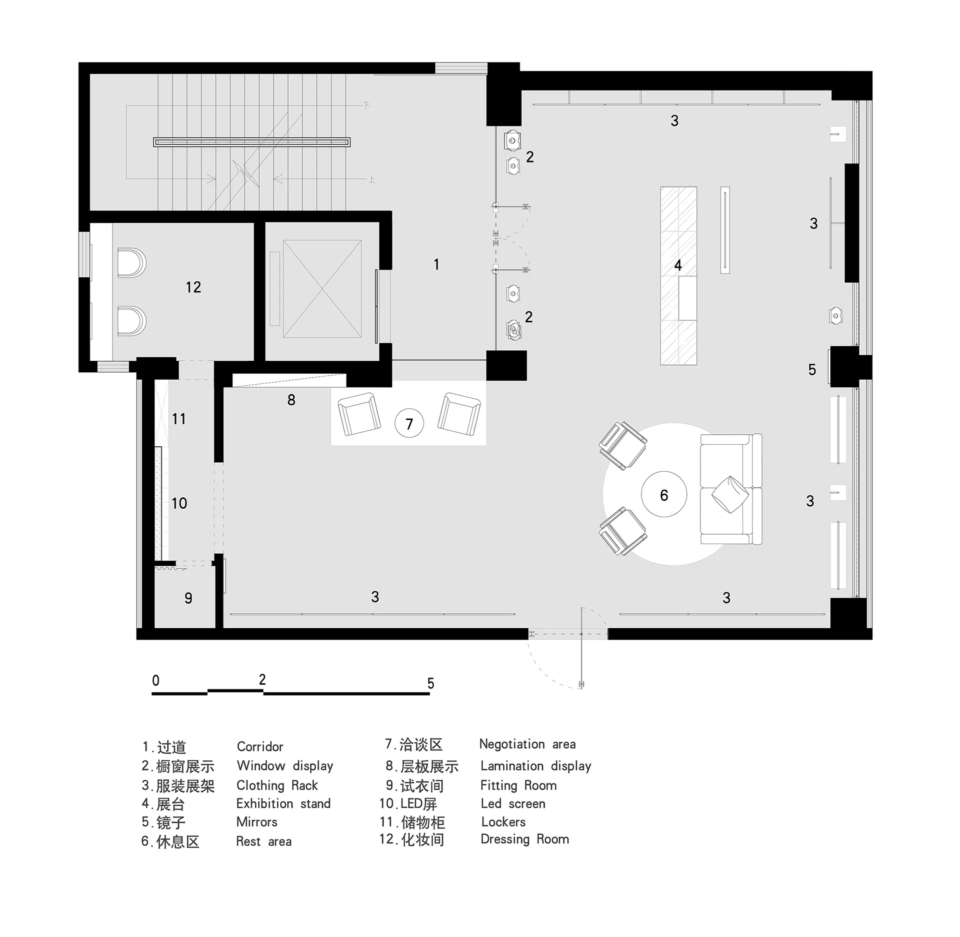 一張詳細的建築圖，展示現代辦公室空間的平面配置，包含各功能區域與家具