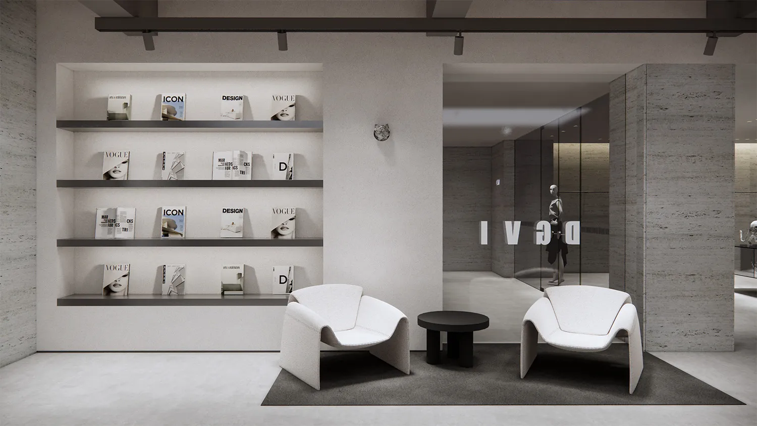 A modern product store interior with concrete and glass materials.
