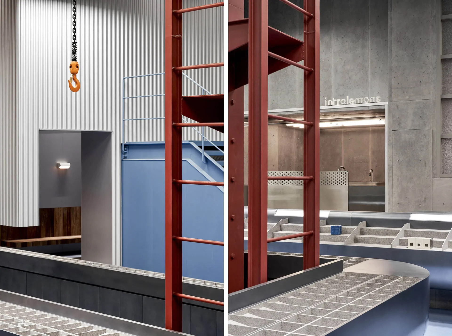 Modern industrial interior space featuring exposed metal beams and structural elements.
