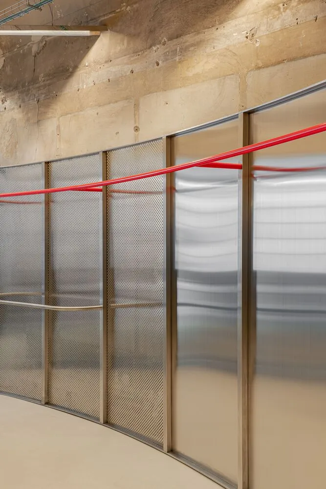 Modern interior featuring a metal grid structure