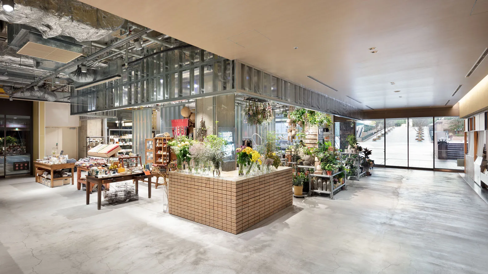 Modern plant shop with wood and concrete materials and various potted plants.