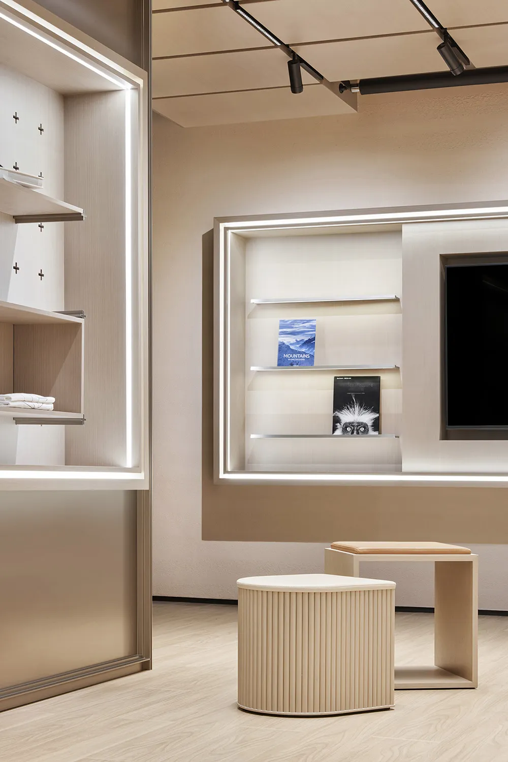 Modern retail shop with light wood interiors and illuminated shelves.