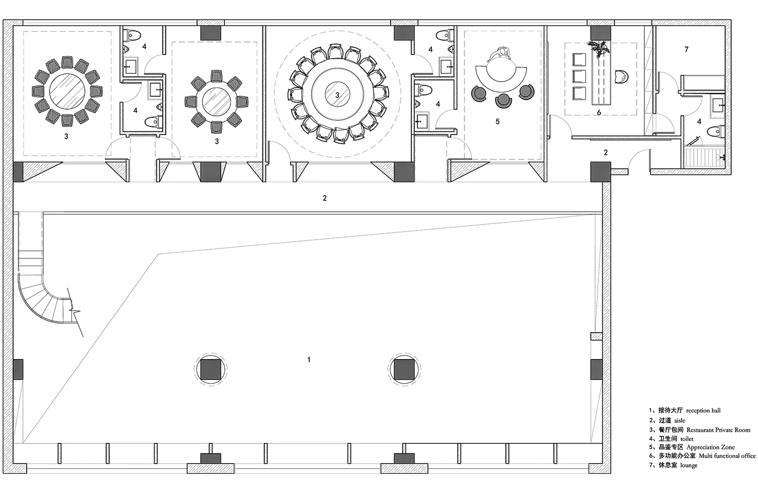 A detailed 2D architectural drawing of a restaurant's interior layout, featuring tables and chairs arranged on wooden floors