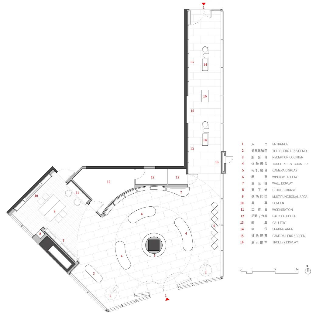 Layout of a retail store with tiled and concrete flooring, showing various functional zones such as a reception counter, came