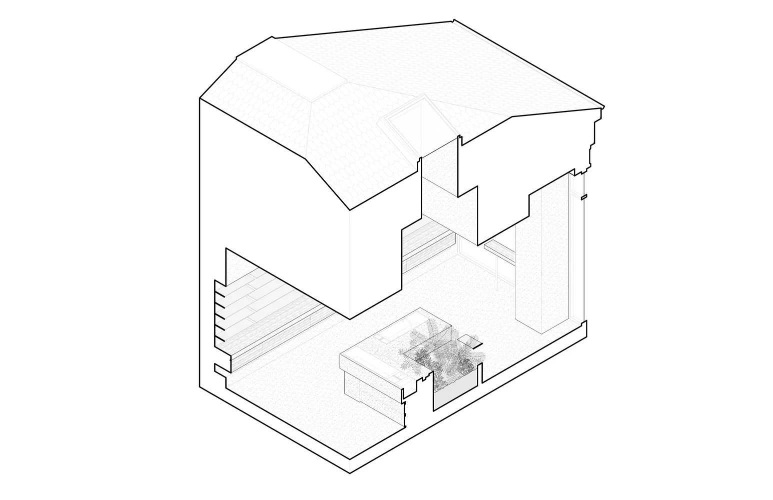 2D architectural drawing of a compact interior space with a wooden material palette
