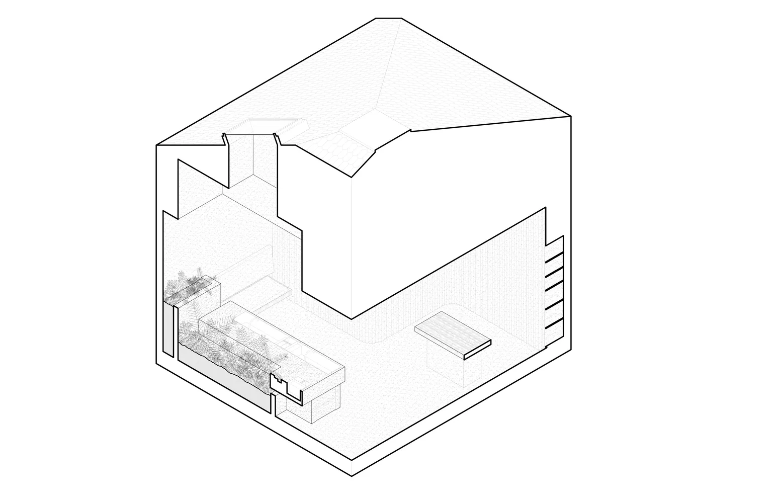 一張黑白線條圖，呈現建築室內設計的等角視圖。