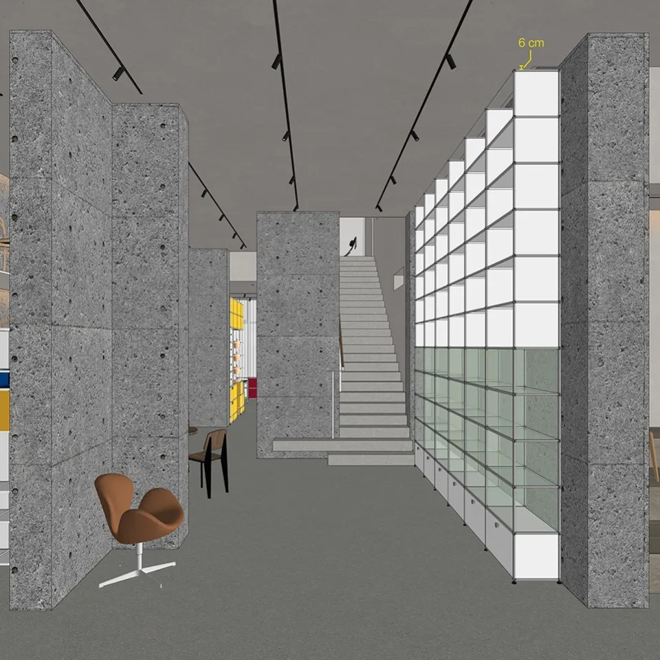 A modern retail storefront with a glass wall and a white grid design.