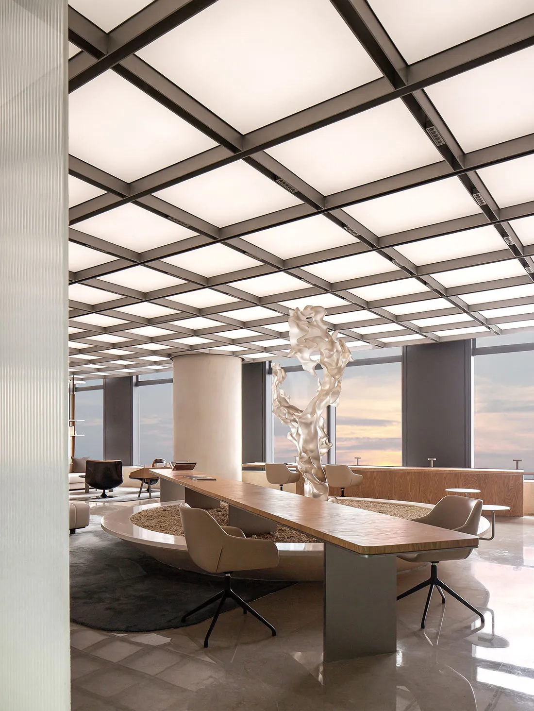 Modern minimalist office space featuring metal, glass, and concrete materials.