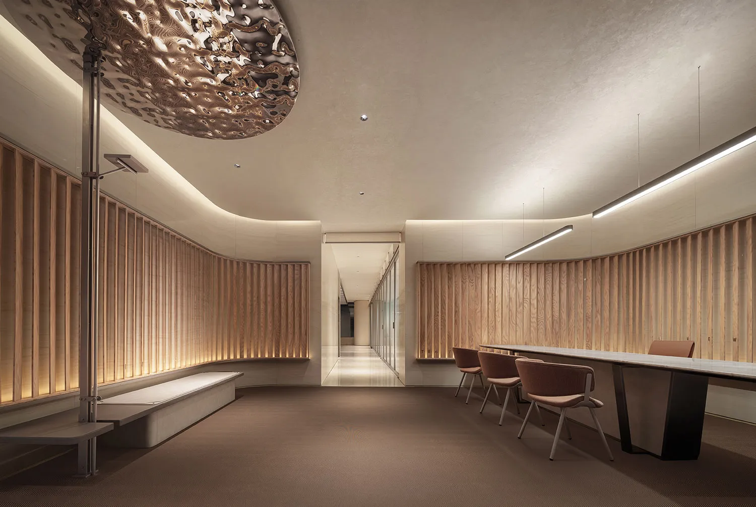 Modern office with wood paneling and a large, hanging art piece