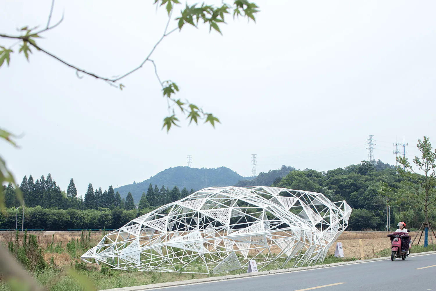 幾何白色金屬框架裝置置於綠意之中