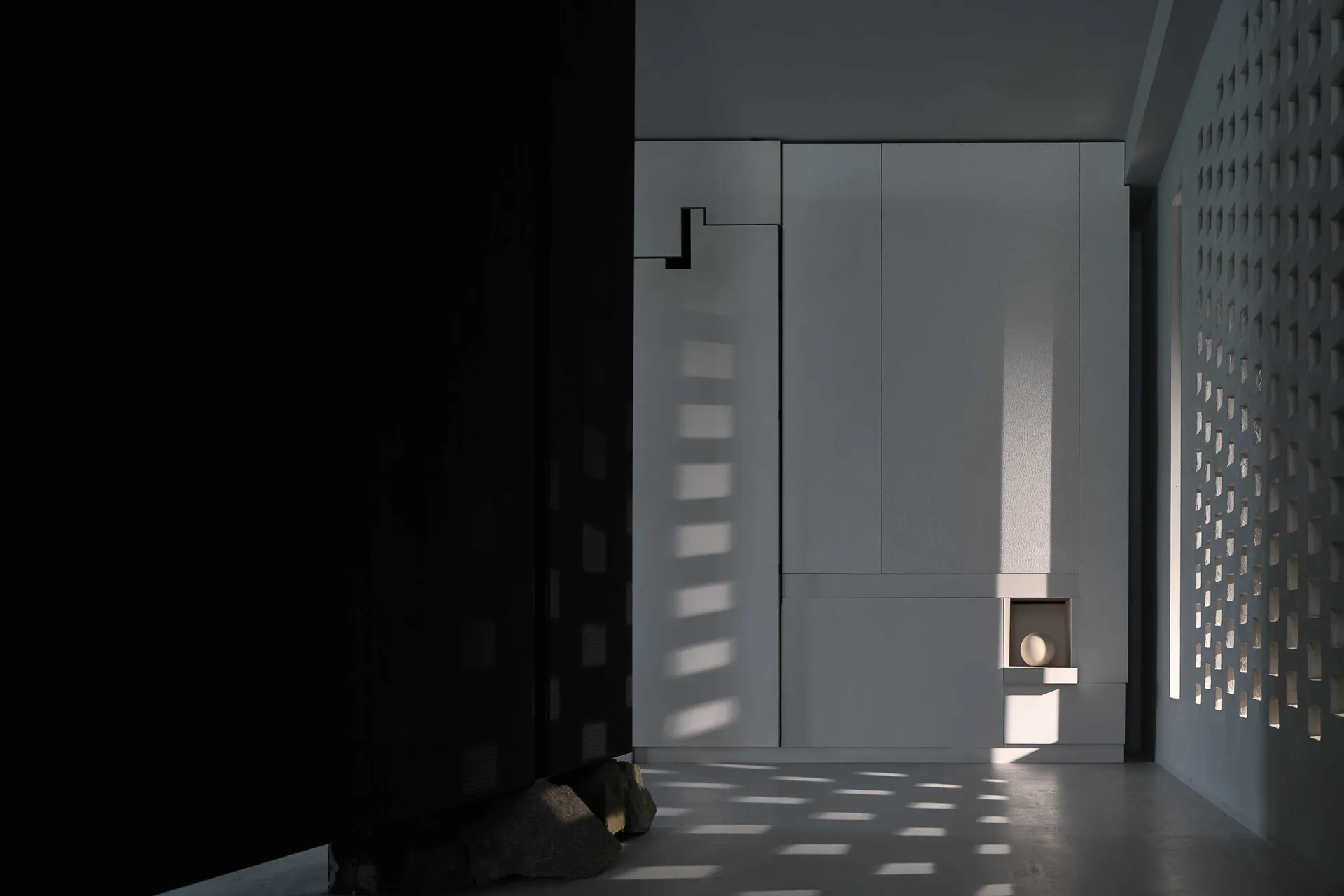 An industrial-style interior with concrete walls and geometric design elements.