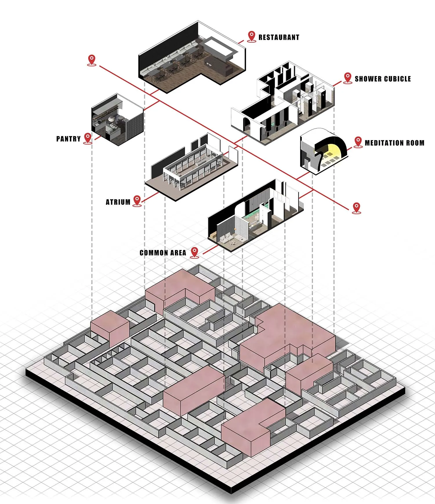 3D rendering of a modern apartment layout with various functional zones and decorative elements.