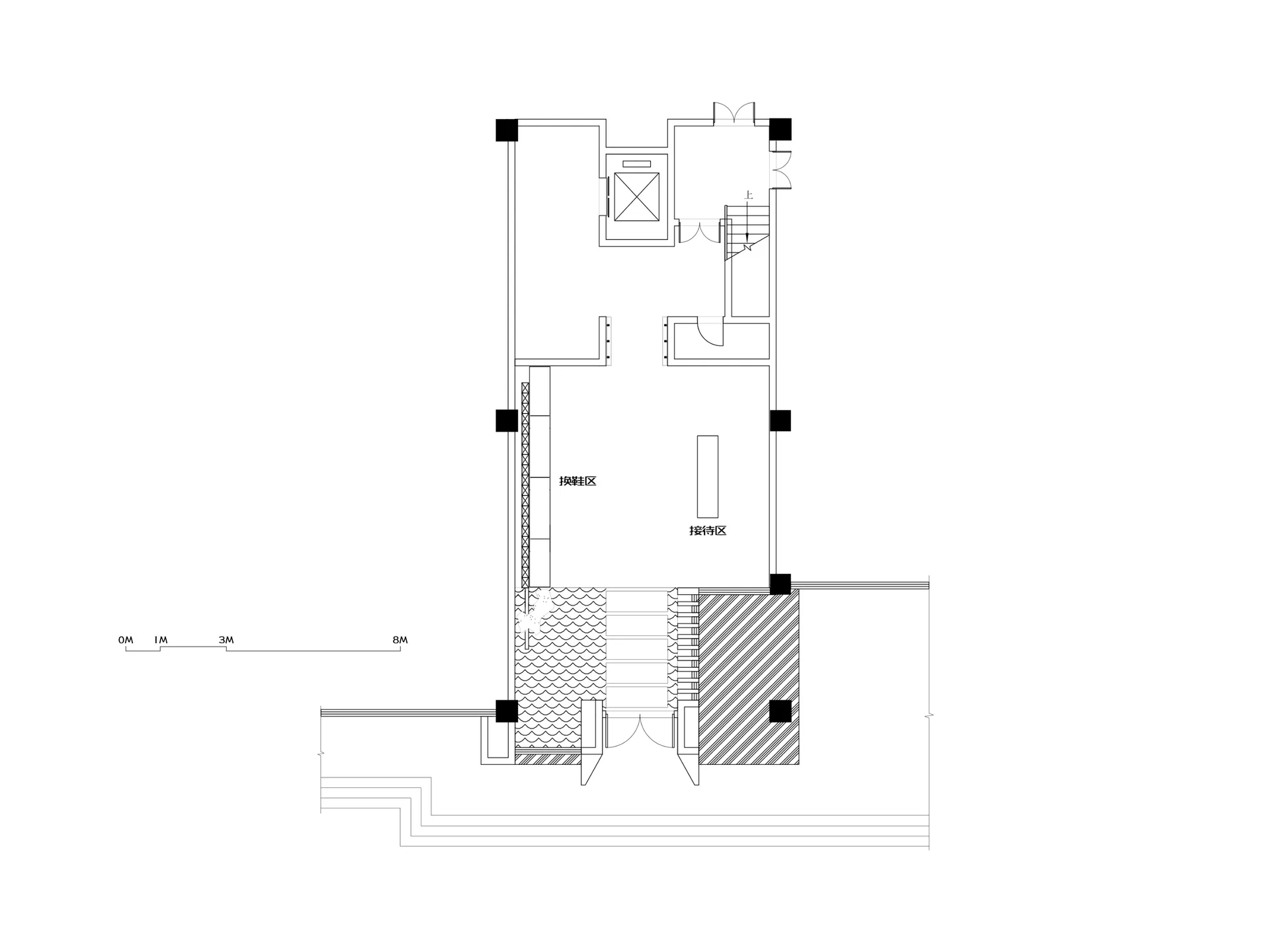 Floor plan of a modern residential interior with detailed architectural elements.