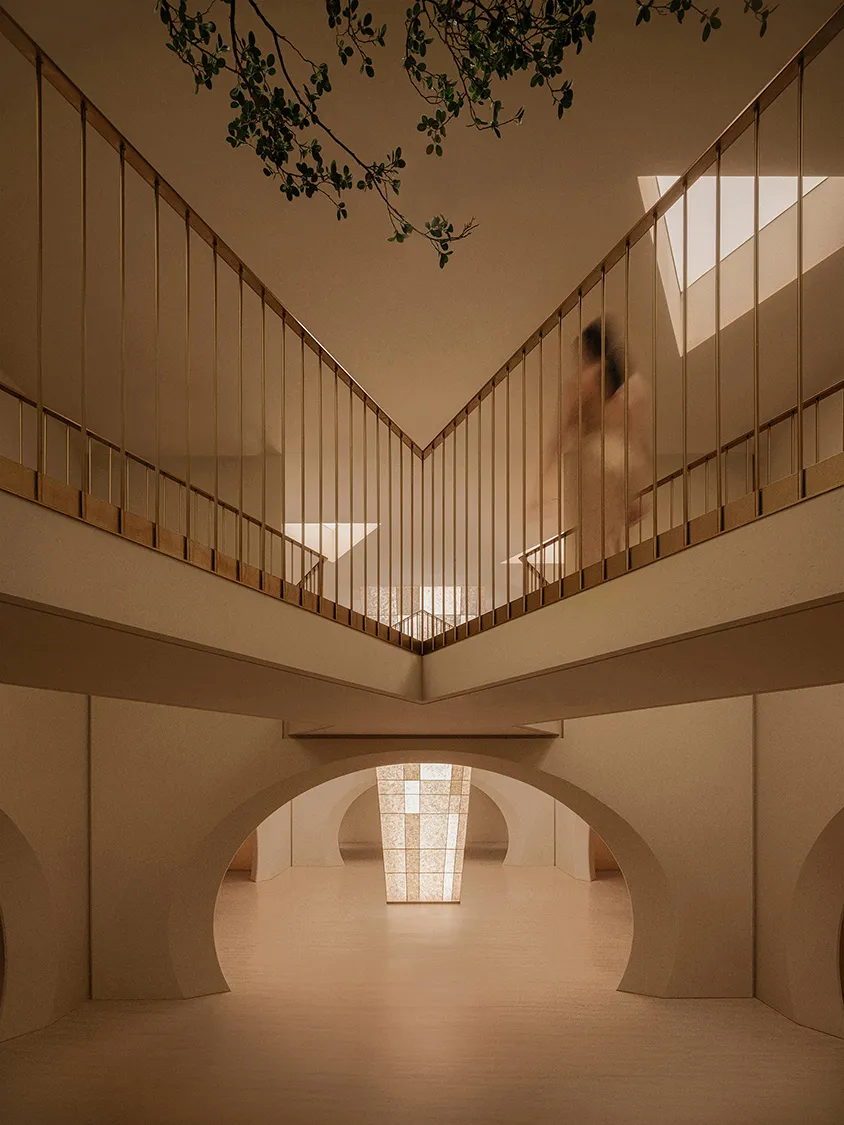 A modern interior space featuring glazed brick flooring.