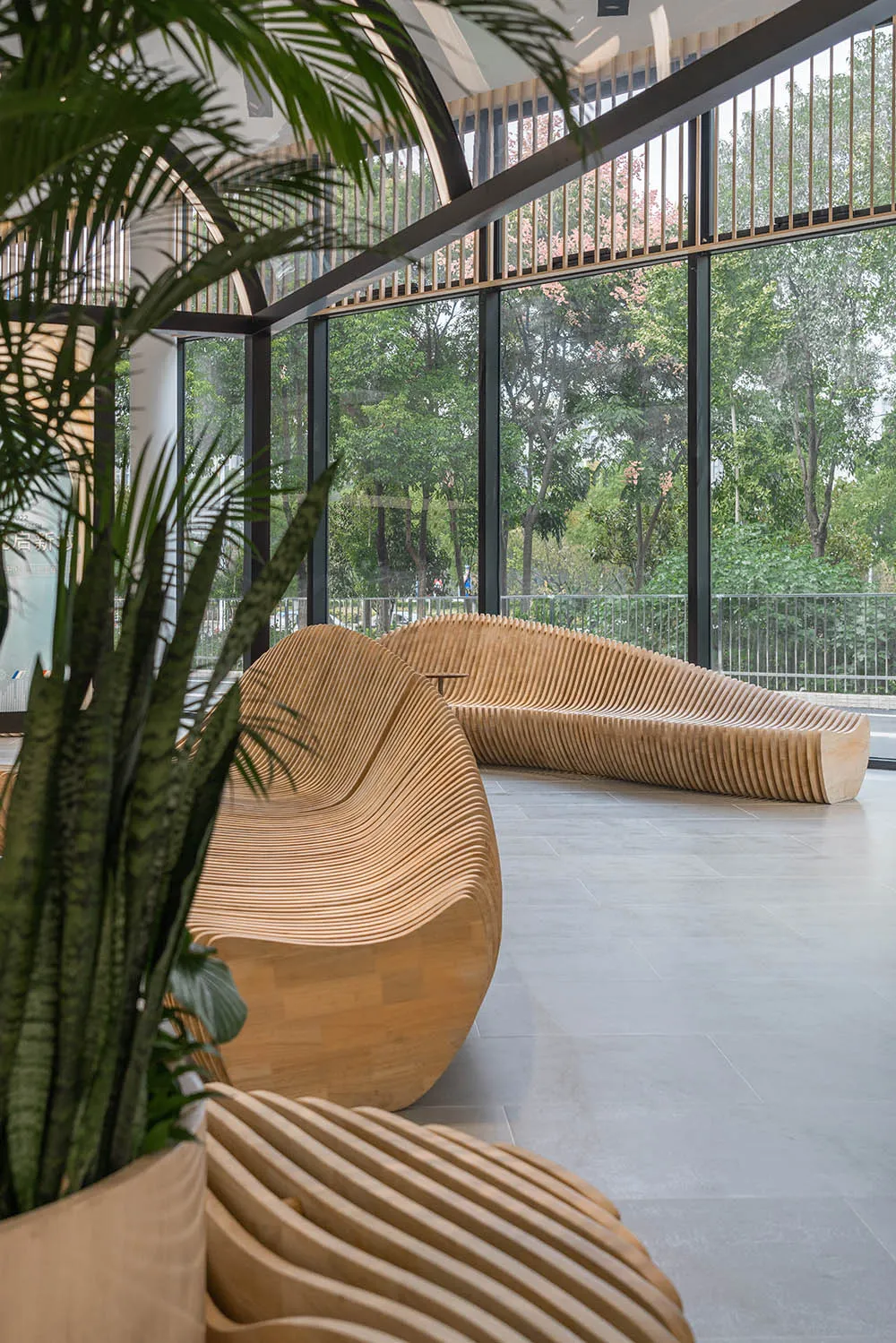 Modern lobby featuring curved wooden benches and green plants