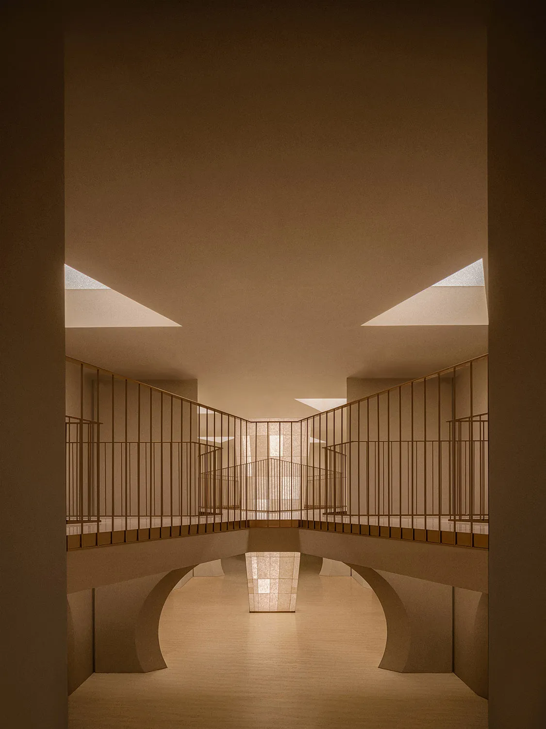 A minimalist interior space featuring minimalist concrete architecture with natural light entering through skylights.
