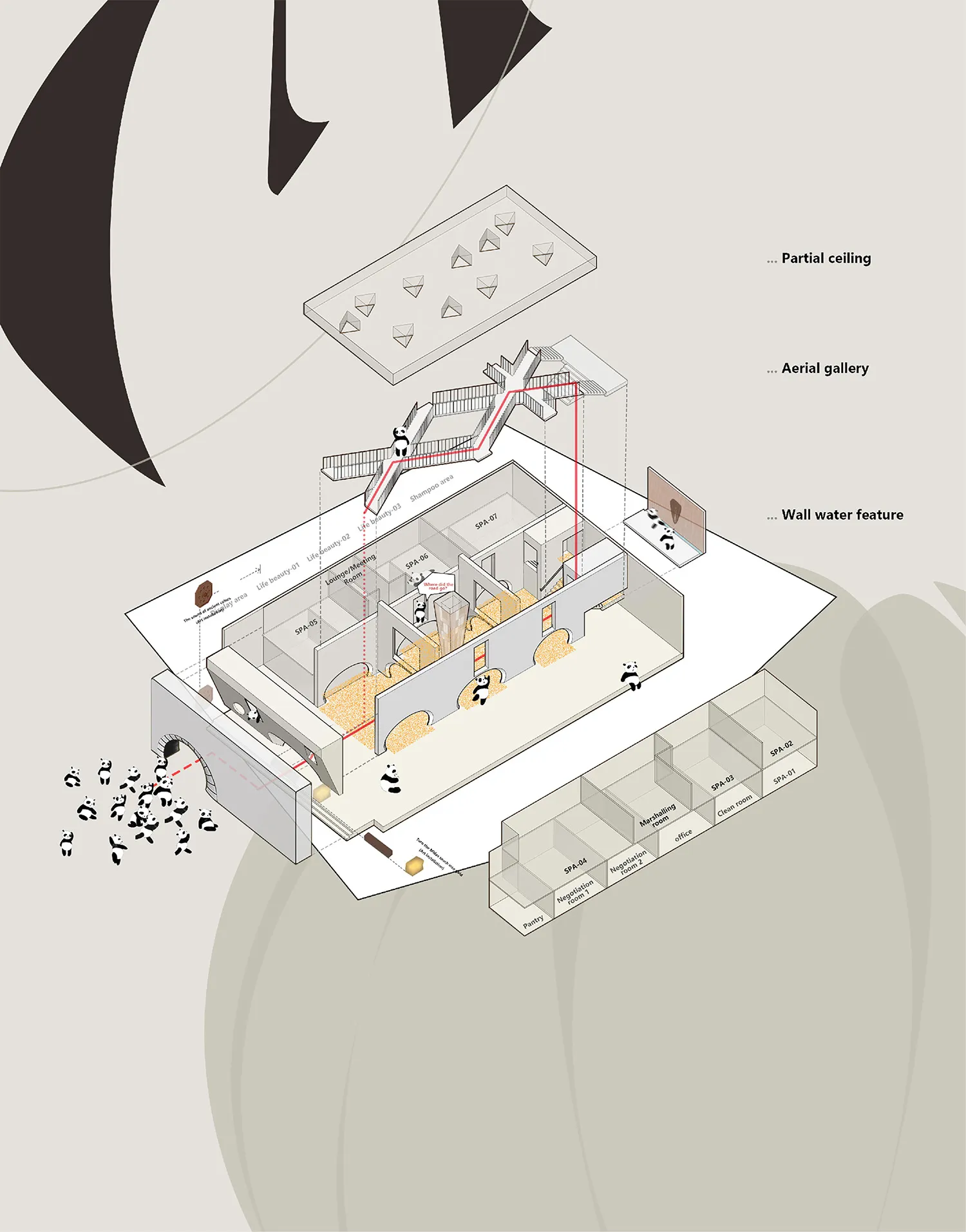 Interior design image of a modern office space, featuring open-plan workstations, meeting rooms, and a lounge area with a wal