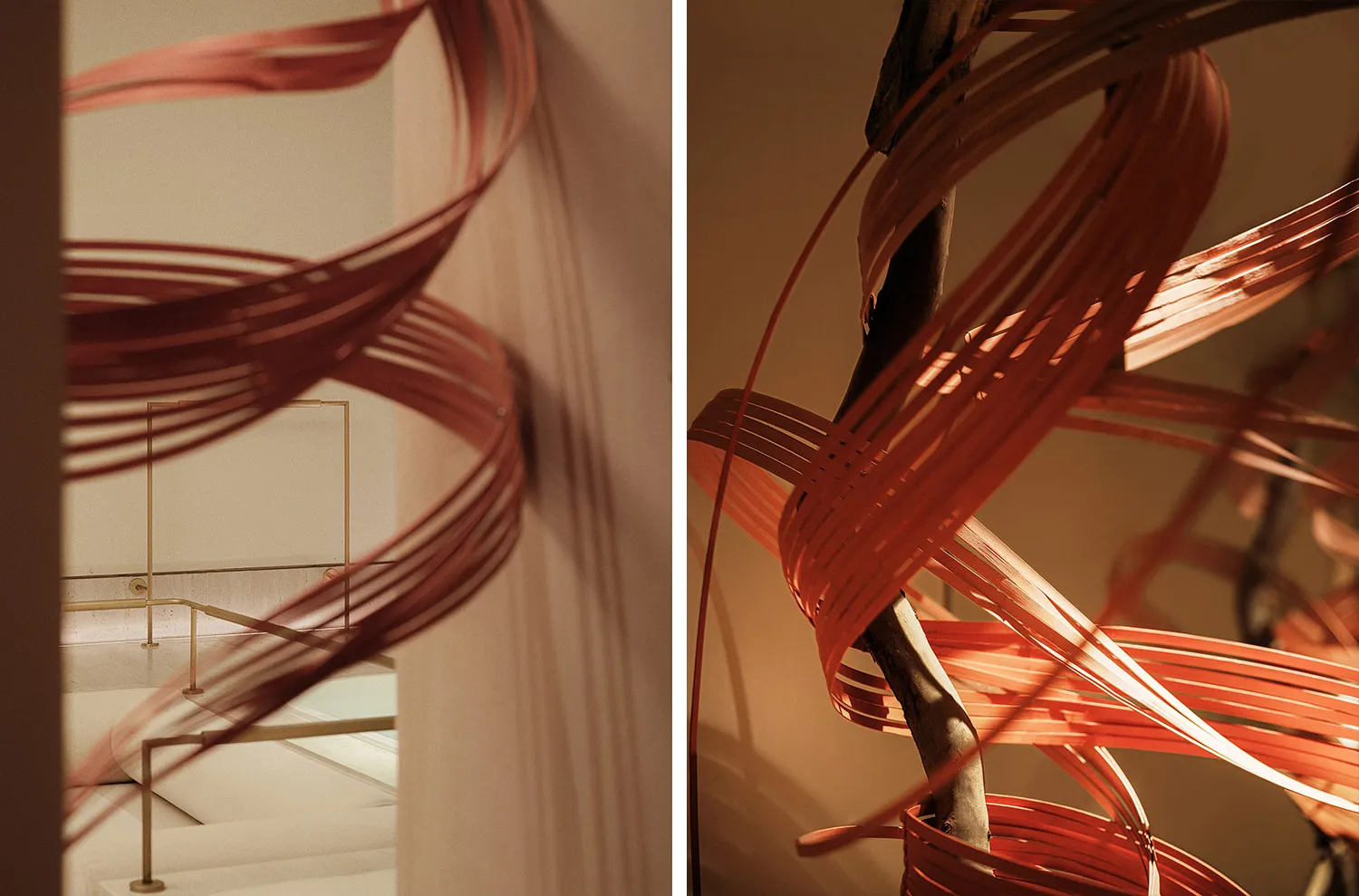 A modern interior design featuring a metal wrap around a structural element.