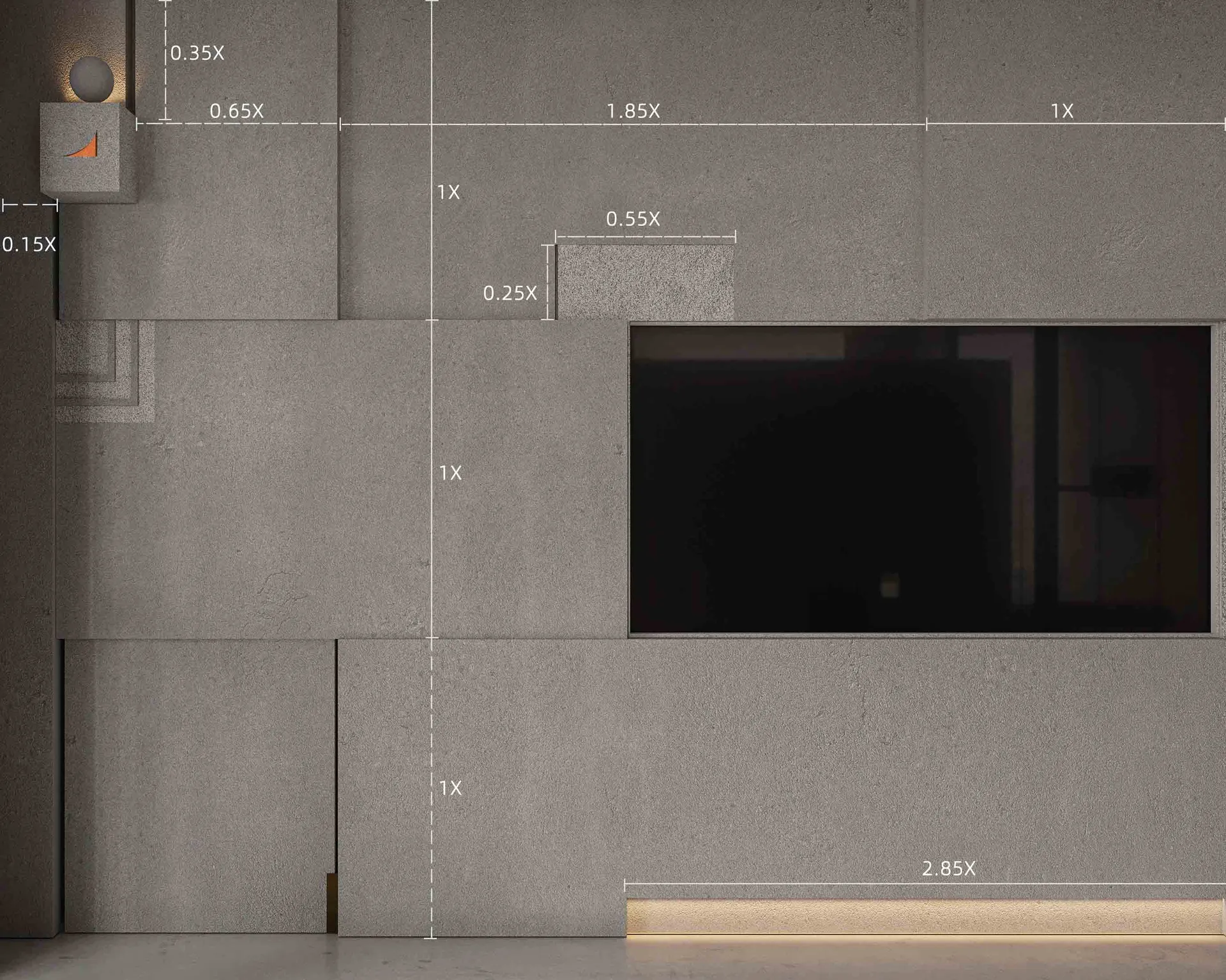Modern interior design featuring a concrete wall with geometric shapes and a window.
