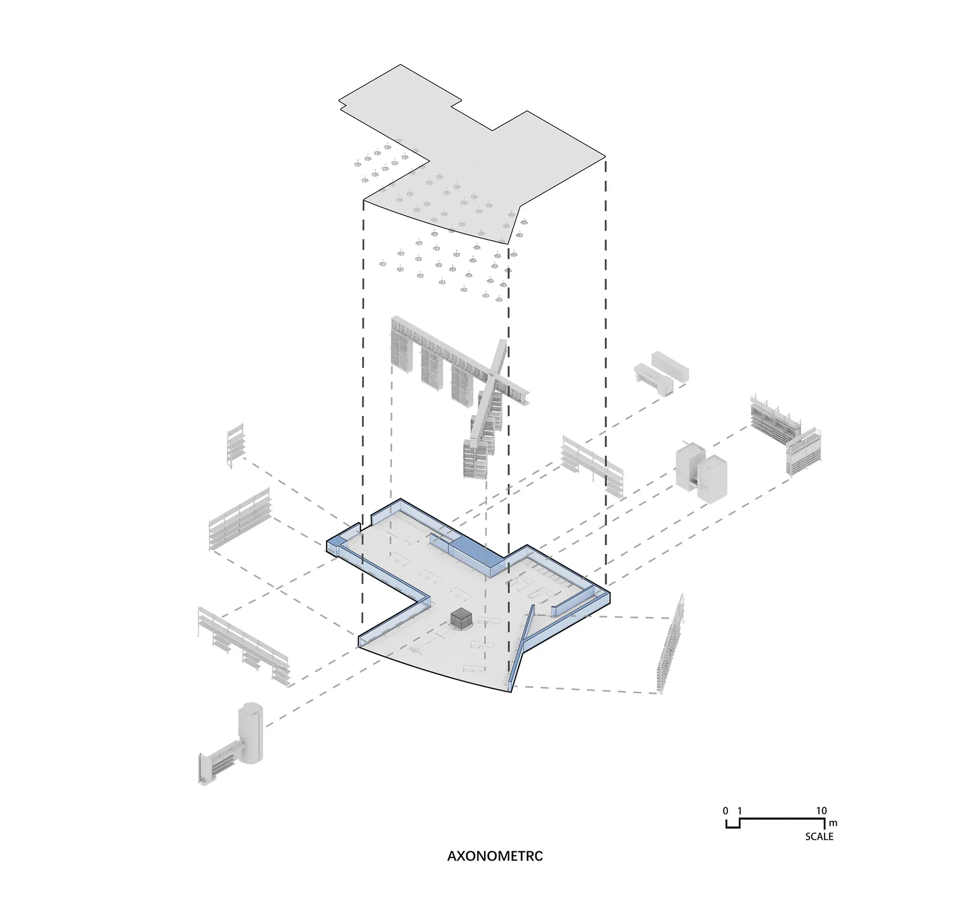 Axonometric view of an architectural interior design layout.
