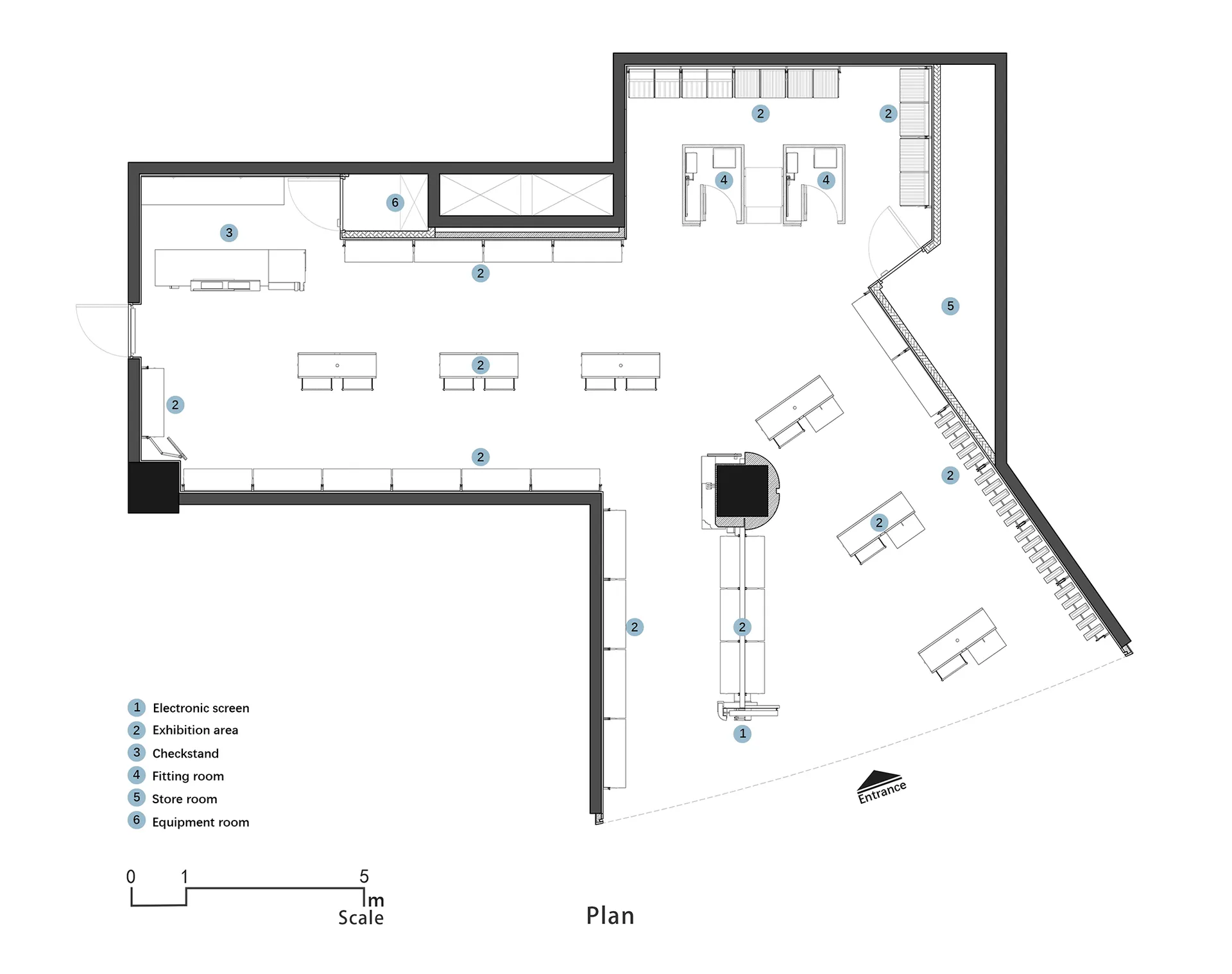 零售空間的2D建築圖，包含展覽區、收銀台、試衣間、儲藏區及設備區域