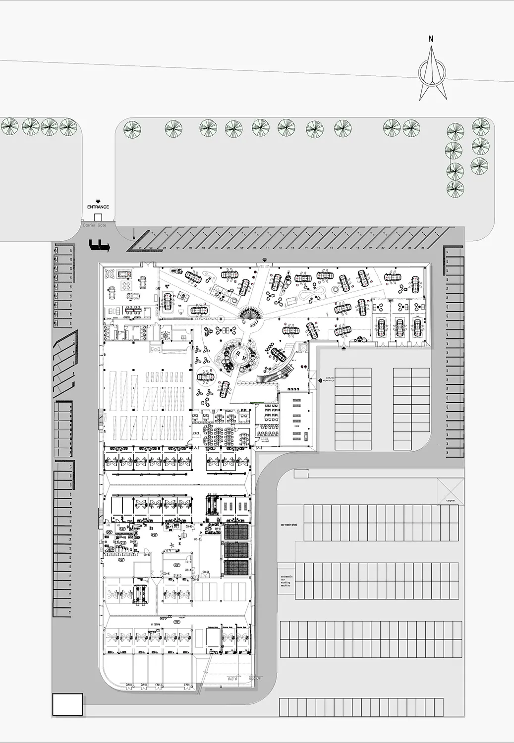 Floor plan of a car wash center with concrete elements.