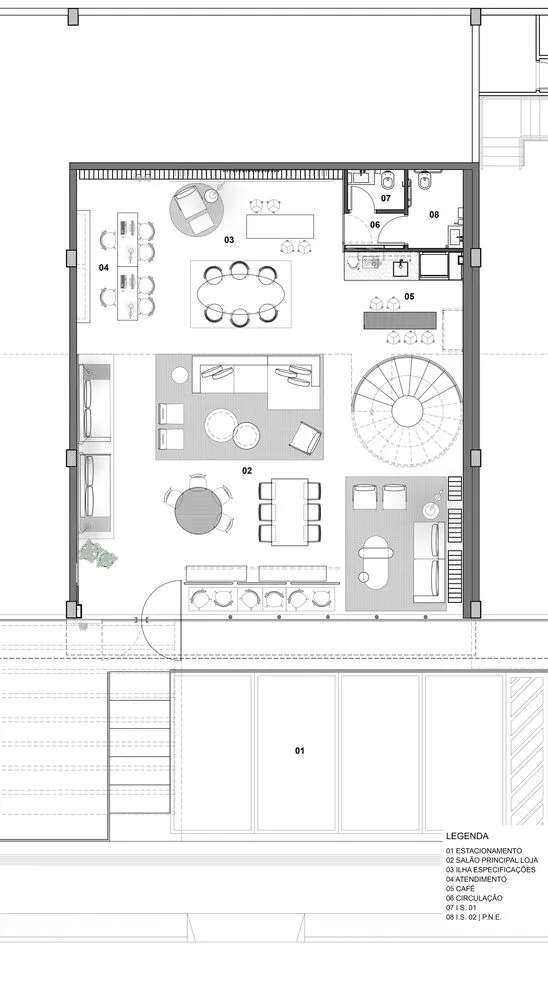 現代商業辦公室平面配置,搭配中性色地板,以2D建築平面圖呈現。