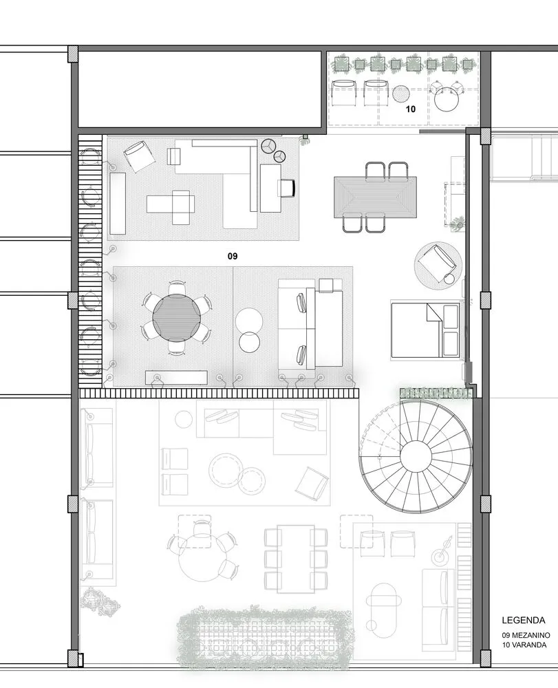 Modern residential interior layout with living, dining, and sleeping areas.