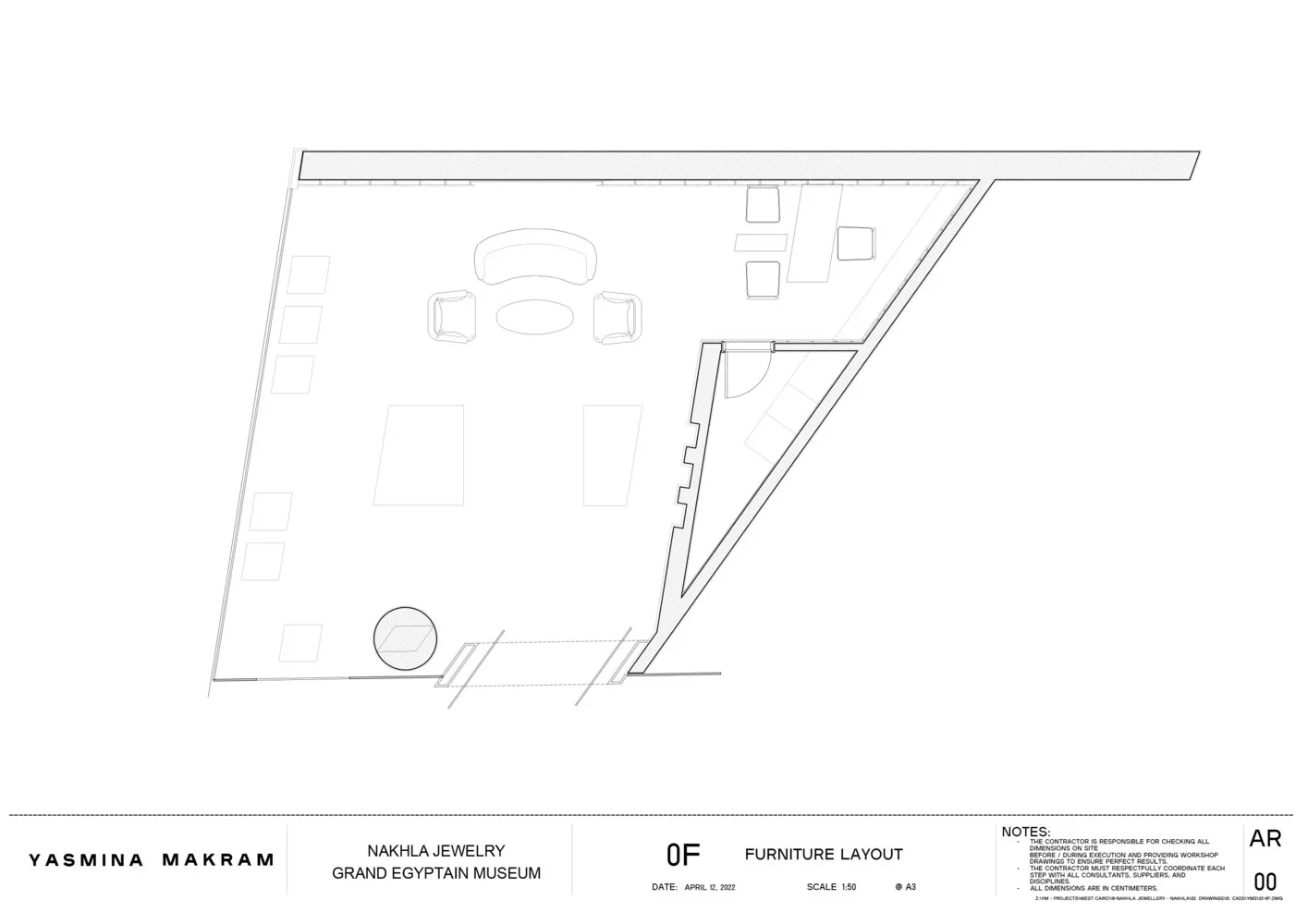 Floor plan of a museum with furniture layout and dimensions indicated.