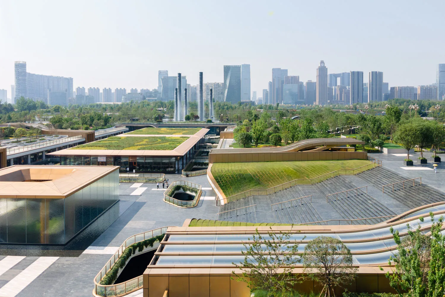 Modern landscape featuring natural wood elements