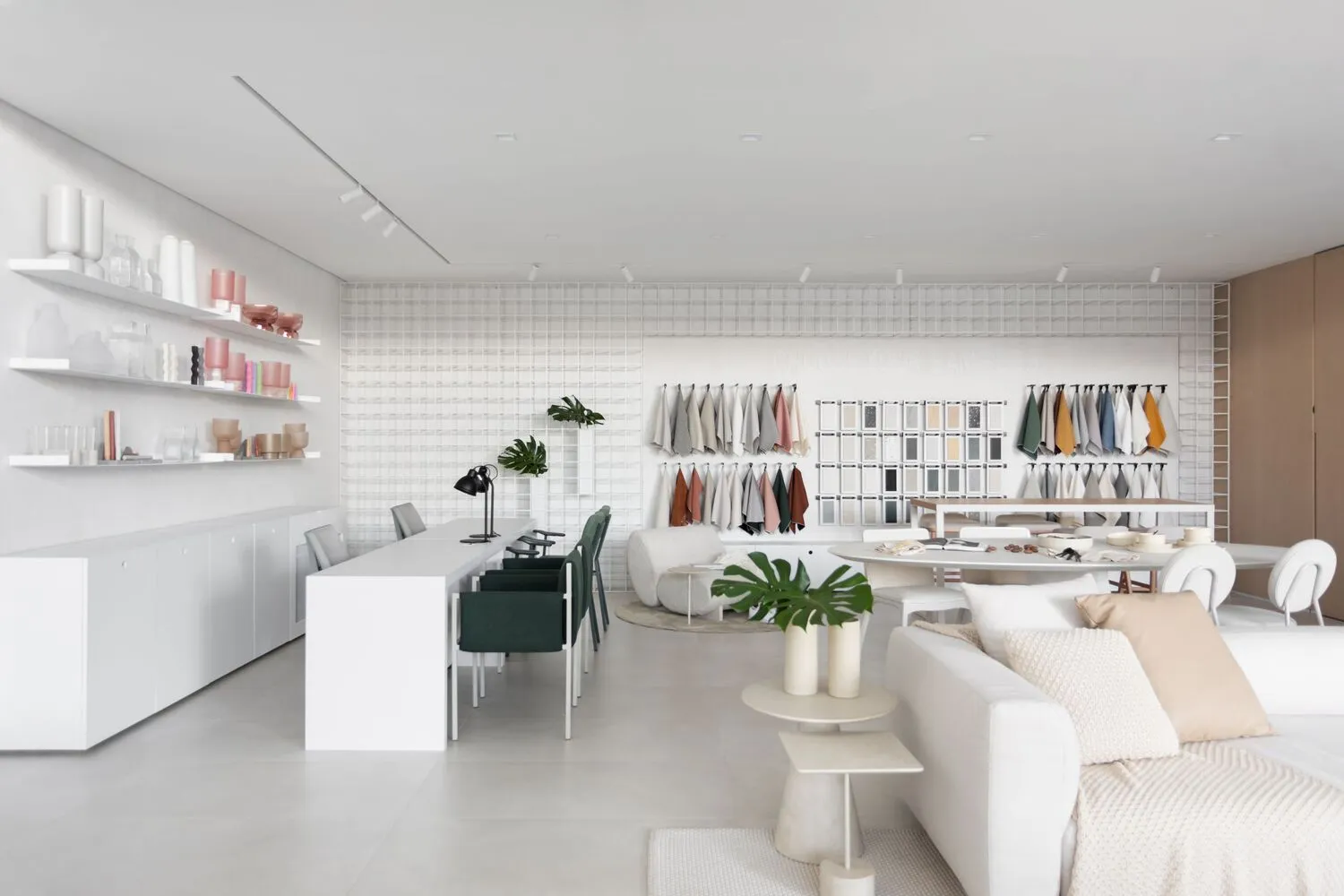 Modern showroom with concrete, wood, and glass materials