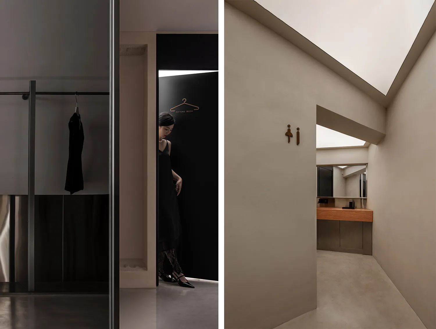 A modern clothing store hallway with metallic finishes.