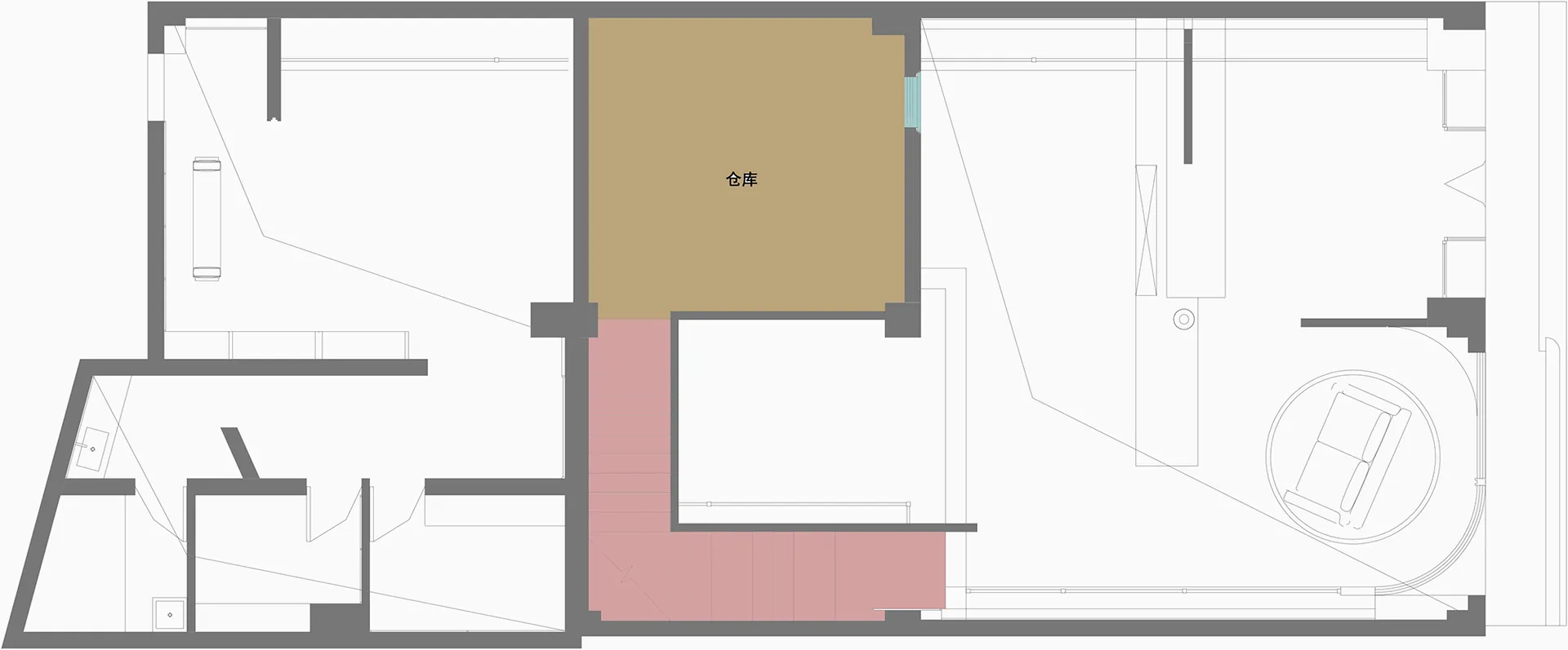 Floor plan of a minimalist living room with concrete flooring, showing modern, clean lines and simple design elements.