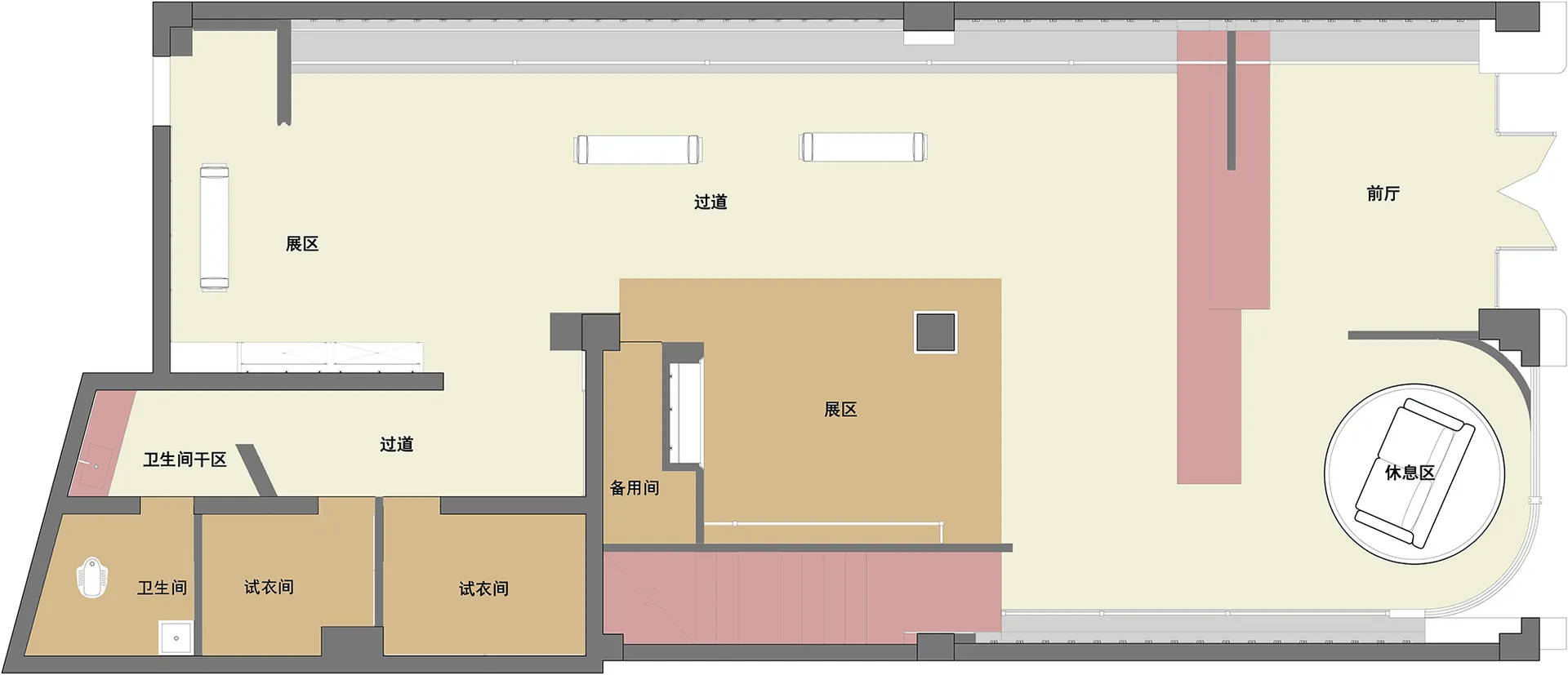 A modern retail store display layout on a 2D architectural plan, showcasing spacious and functional design features.